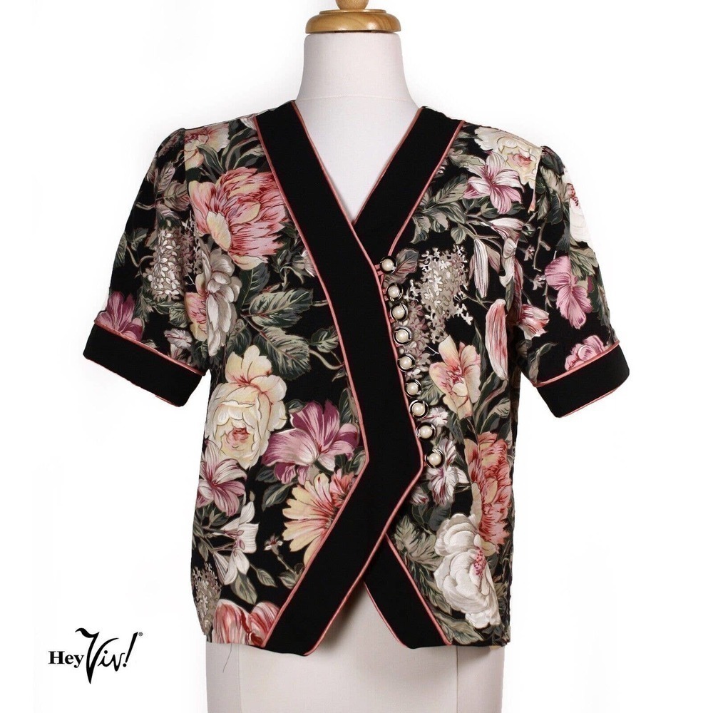 Vintage 80s Meryl Fashion Top Bold Floral Print Shoulder Pads Size XL - Hey Viv